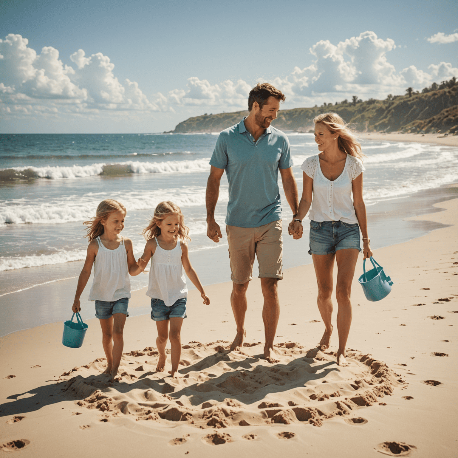 Happy family enjoying a beach vacation, with parents and children playing in the sand and waves