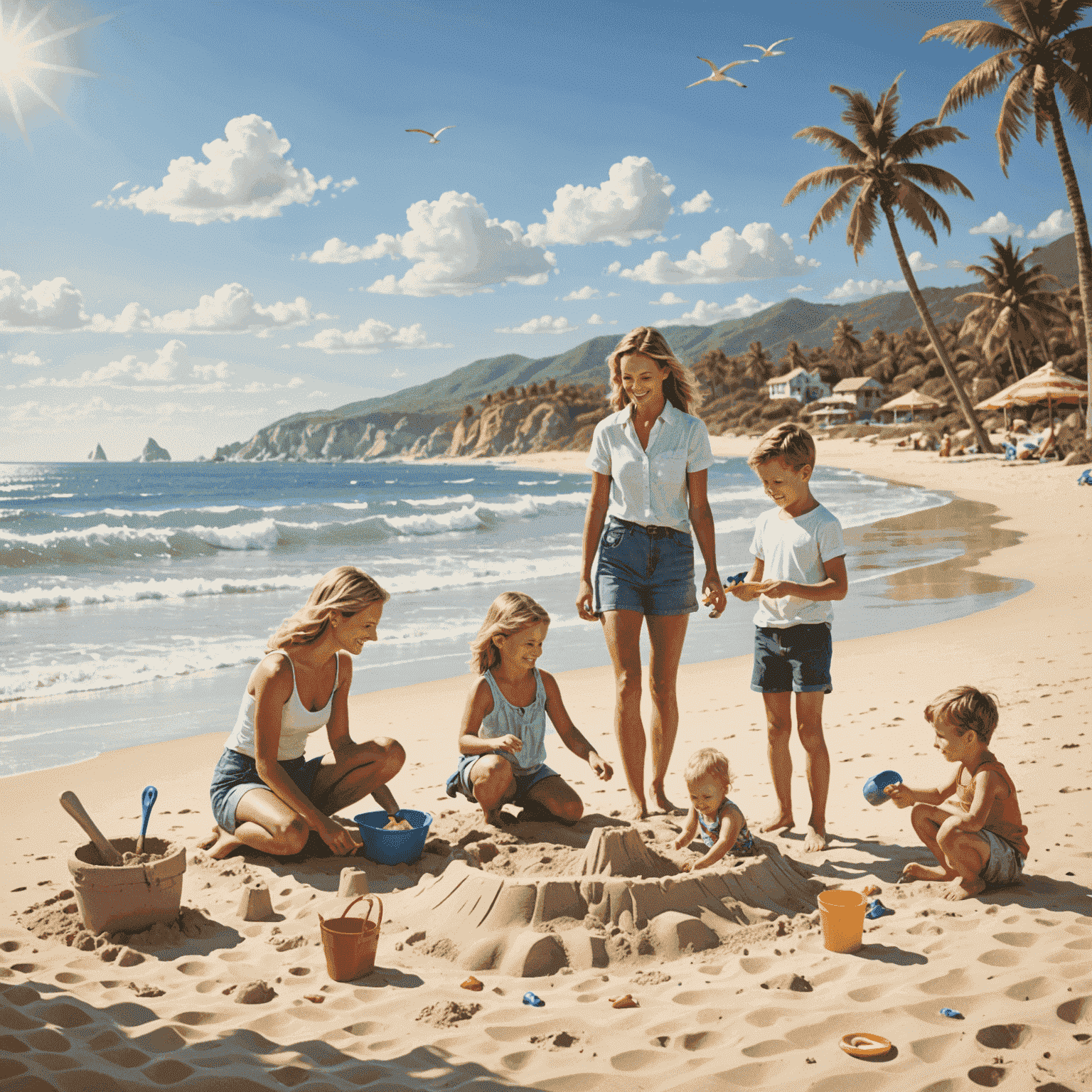 A happy family enjoying a sunny day at a pristine beach, building sandcastles and playing in the waves