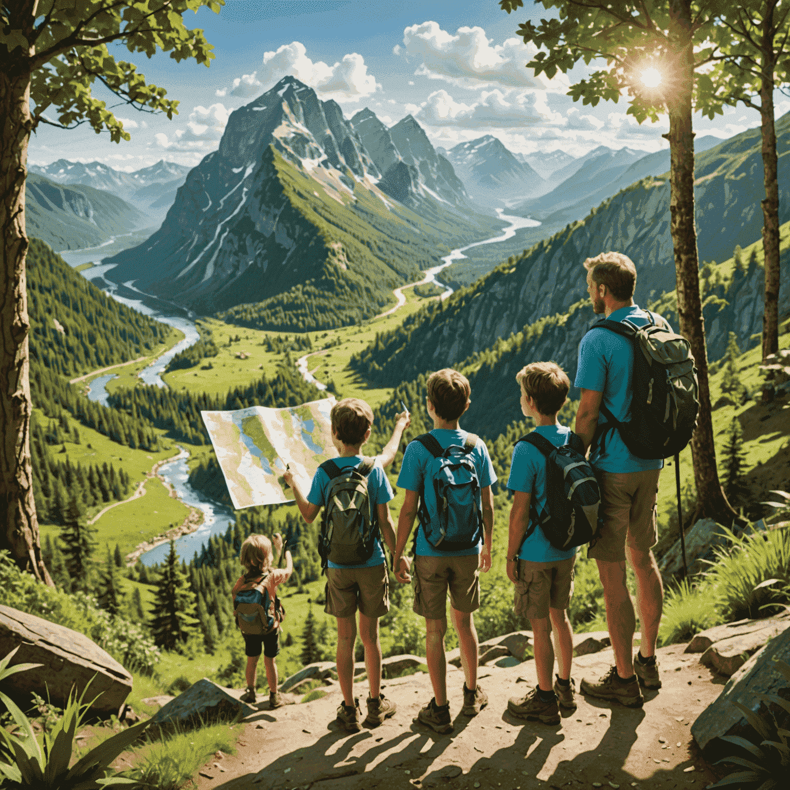 A family hiking in a lush national park, with parents and two children looking at a map and pointing towards a scenic vista. The image captures the excitement and wonder of exploring nature together.