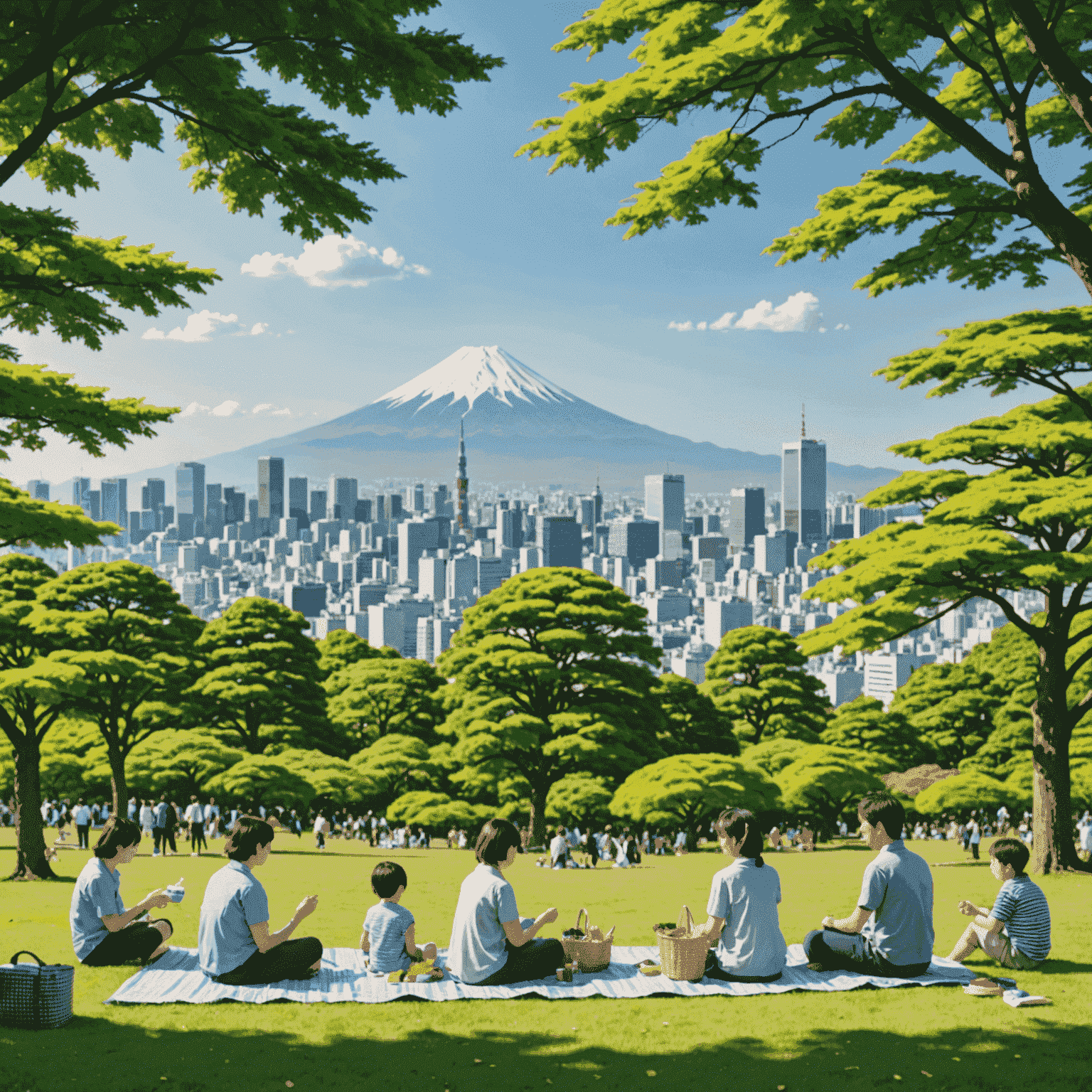 A panoramic view of Tokyo skyline with Mount Fuji in the background, families enjoying a picnic in a lush park in the foreground