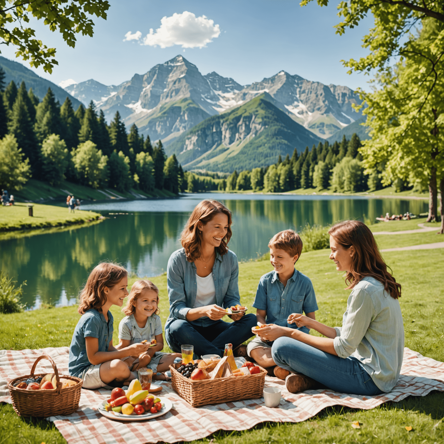 Happy family enjoying a picnic in a park with a lake and mountains in the background, representing an affordable outdoor vacation