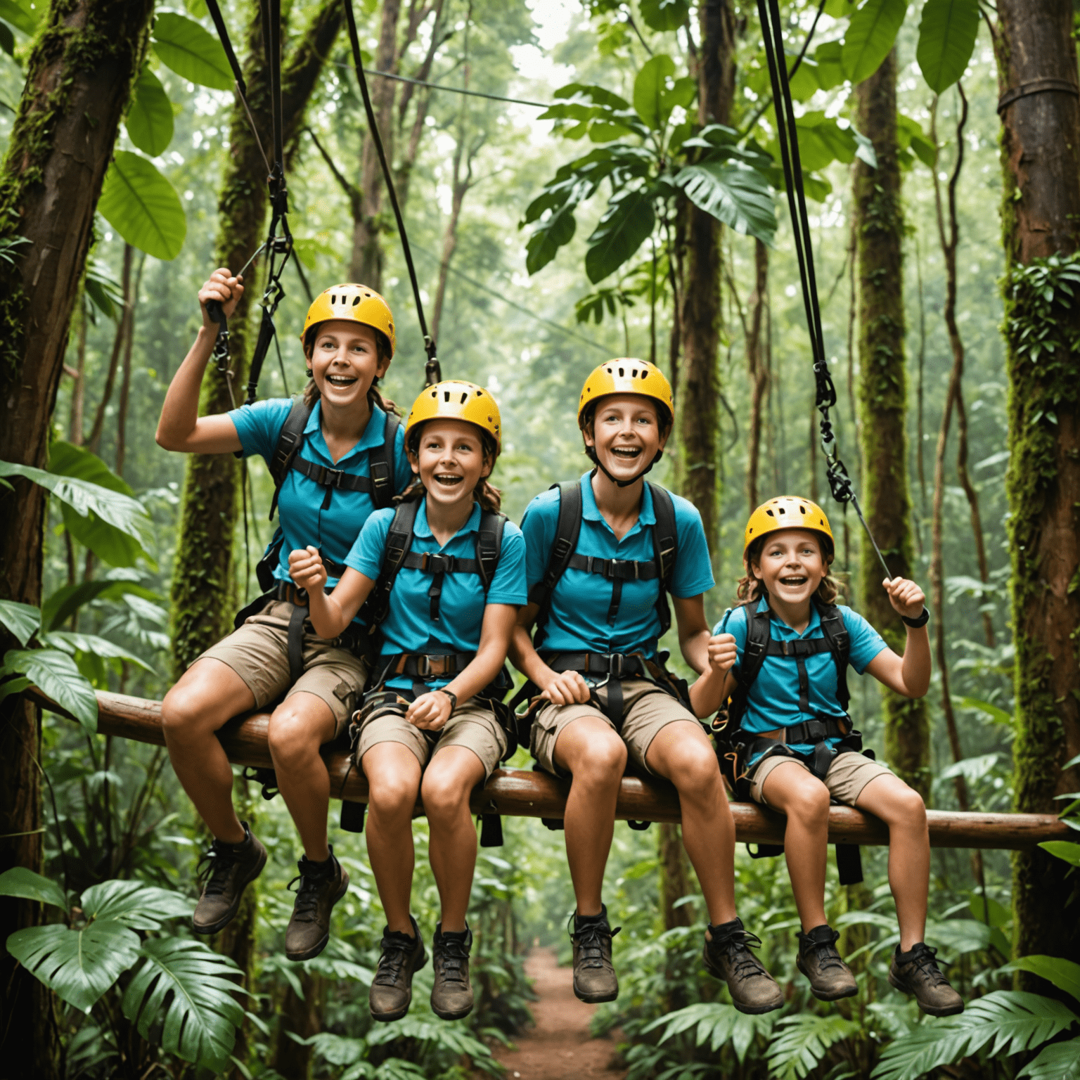 A family of four zip-lining through a lush rainforest canopy, with excited expressions on their faces