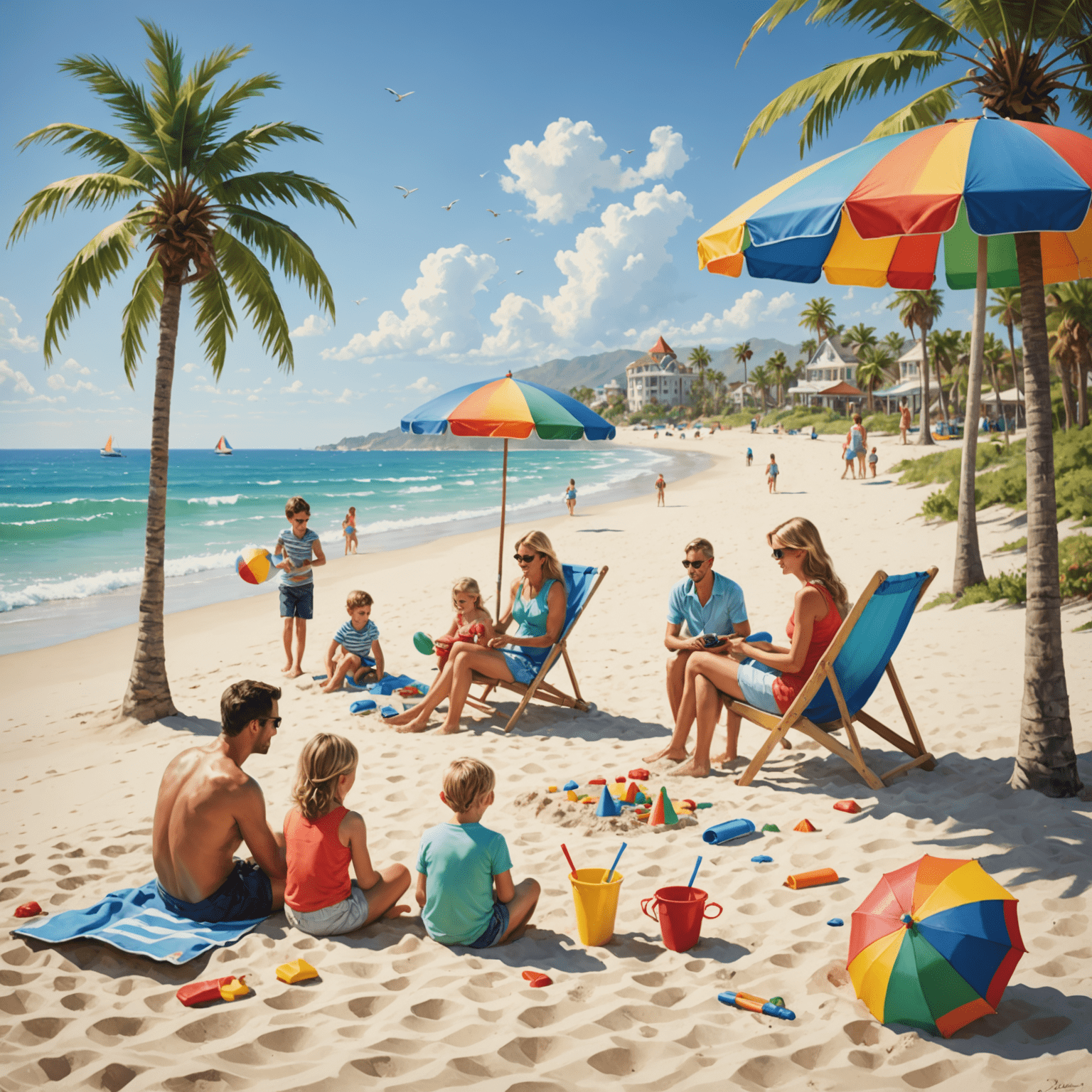 A family enjoying a sunny day at a pristine beach with calm waters, building sandcastles and playing in the waves. Palm trees and colorful beach umbrellas in the background.