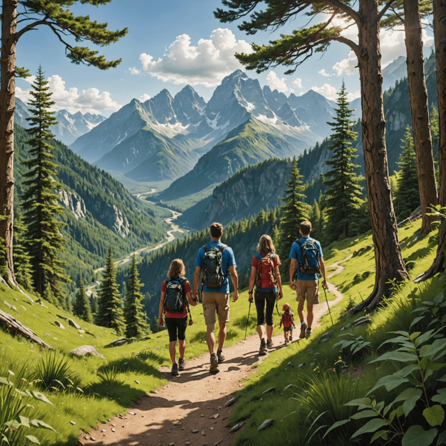 A family of four hiking on a scenic trail in a lush national park, with mountains in the background