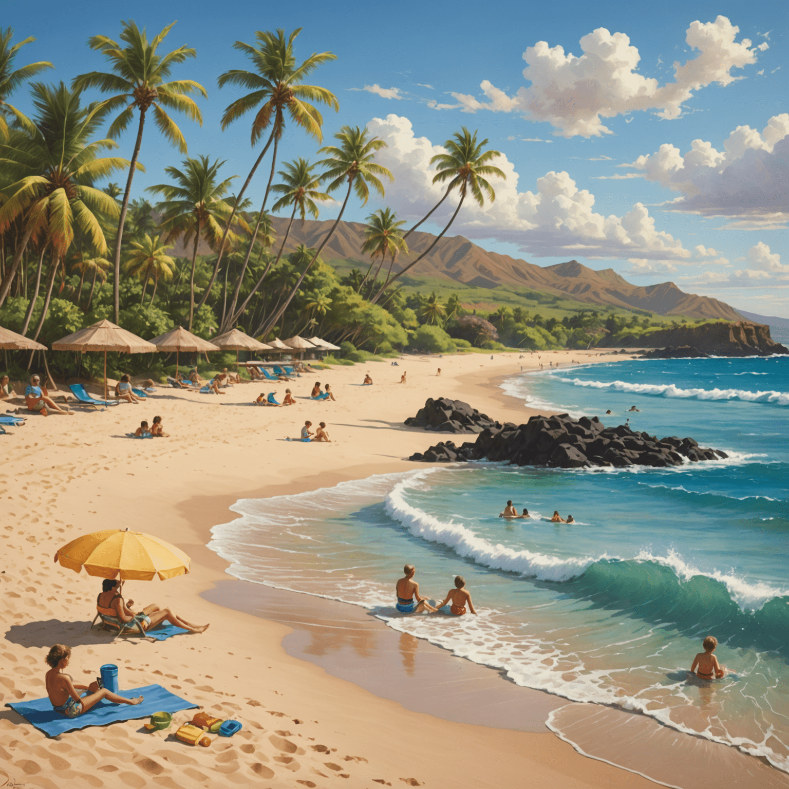 A picturesque Maui beach with golden sand, palm trees, and gentle waves. Families are seen snorkeling, building sandcastles, and enjoying the warm Hawaiian sun.