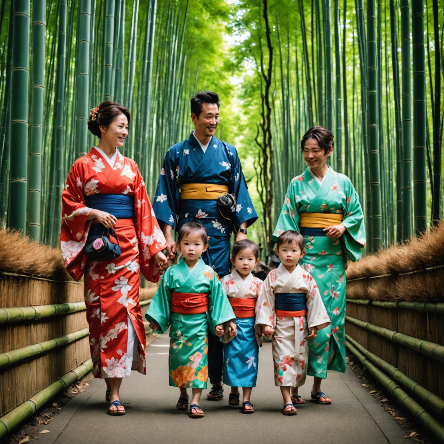 A family dressed in colorful kimonos exploring the bamboo forest in Arashiyama, Kyoto