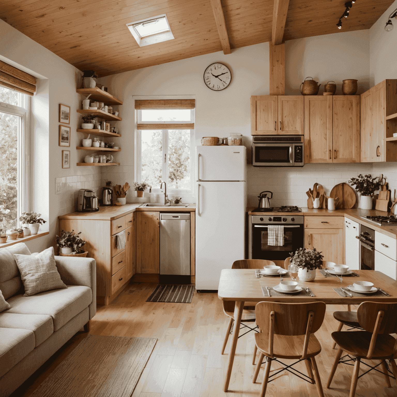 A cozy vacation rental interior with a kitchen and living area, showcasing a budget-friendly accommodation option for families