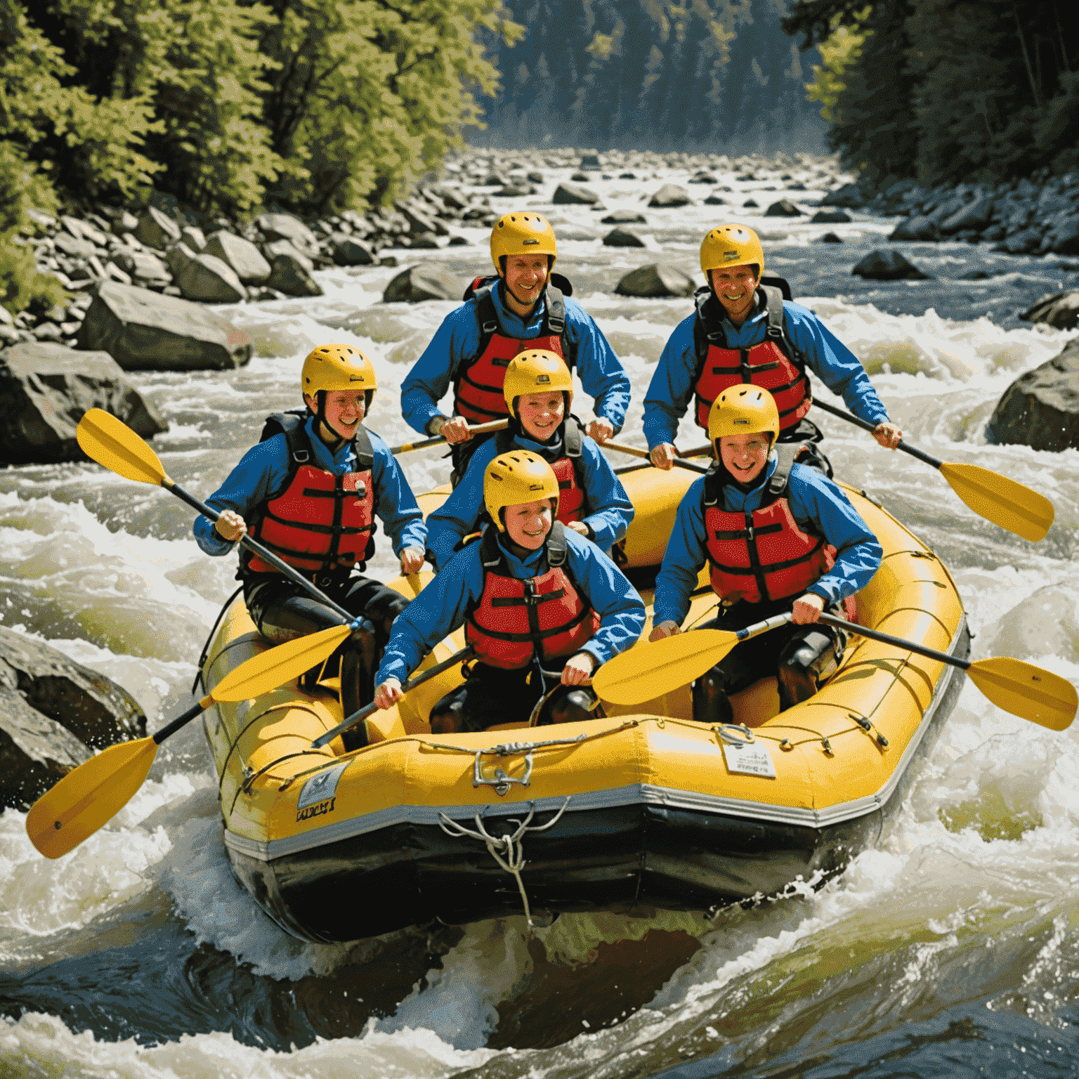 A picturesque view of a family white-water rafting, navigating through rapids with a professional guide