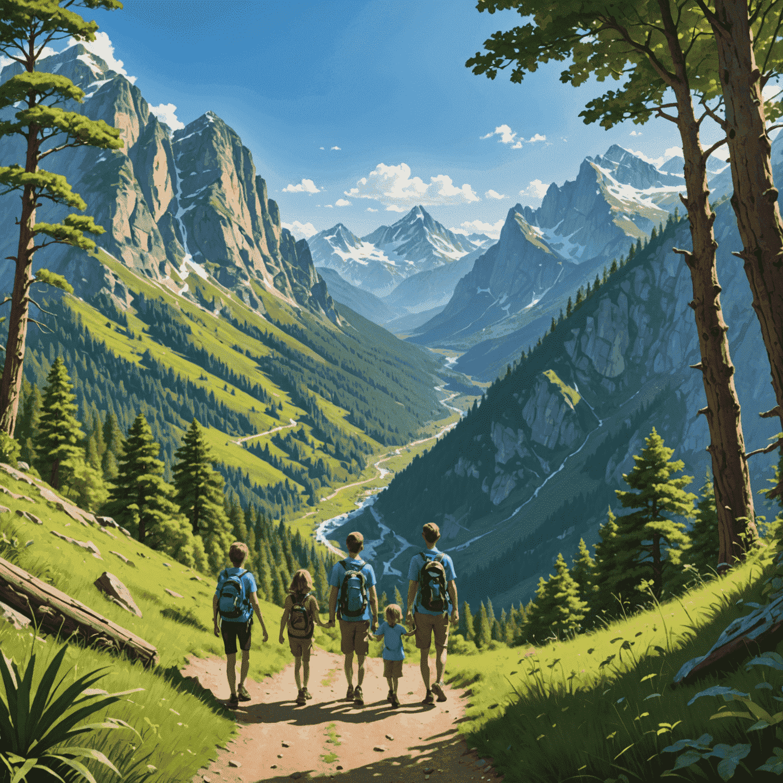 A family hiking through a lush national park, with children pointing excitedly at wildlife. Majestic mountains and a clear blue sky in the background.