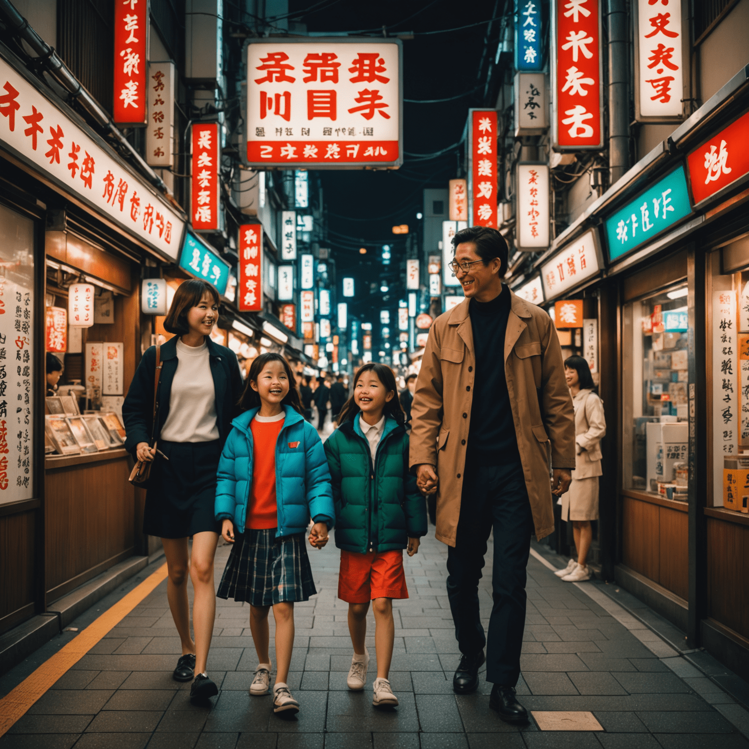 A family enjoying the vibrant streets of Tokyo, with neon signs and traditional architecture in the background