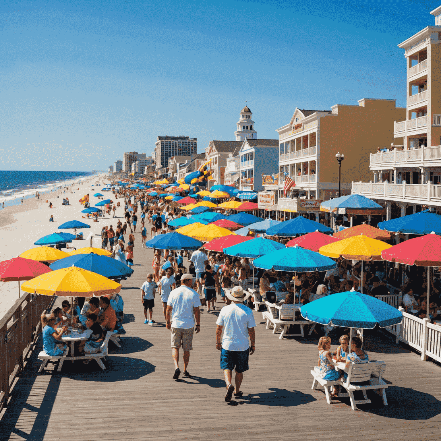 Myrtle Beach's famous boardwalk with families strolling, eating ice cream, and enjoying amusement park rides. The wide, sandy beach is visible with colorful umbrellas and beach toys.