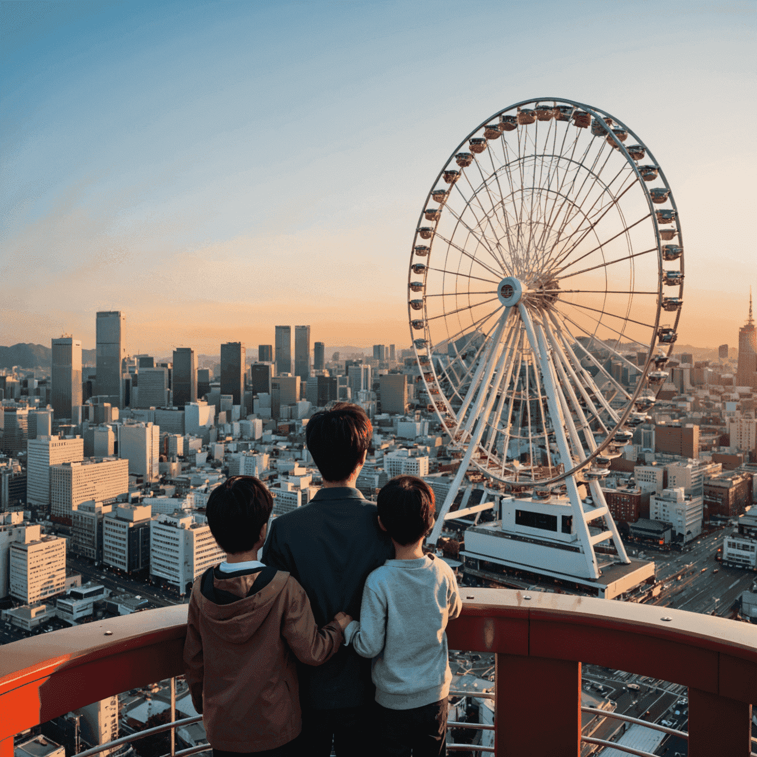 A family enjoying the view of Yokohama's skyline from the Cosmo Clock 21 Ferris wheel at sunset