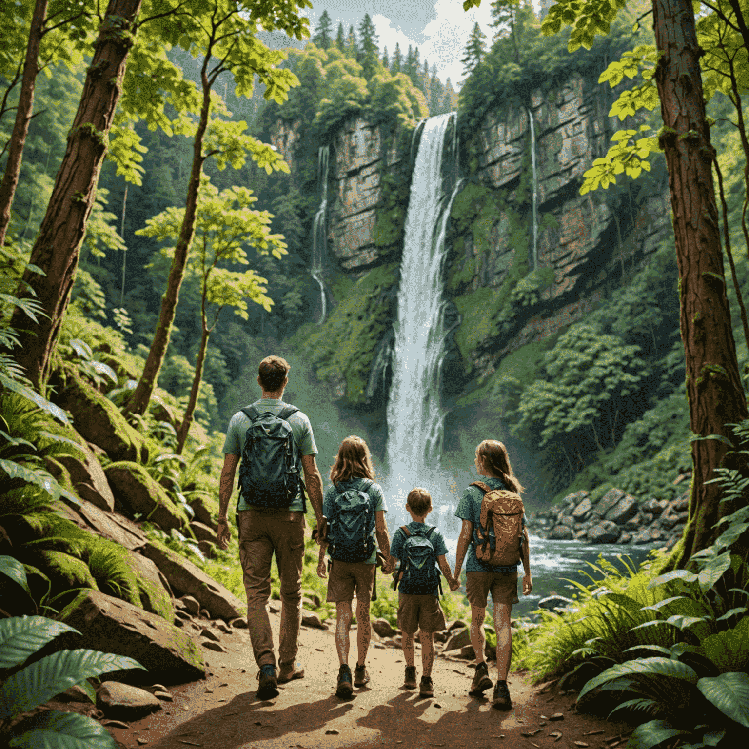 A family hiking together in a lush forest with a waterfall in the background, representing an affordable outdoor adventure in a national park