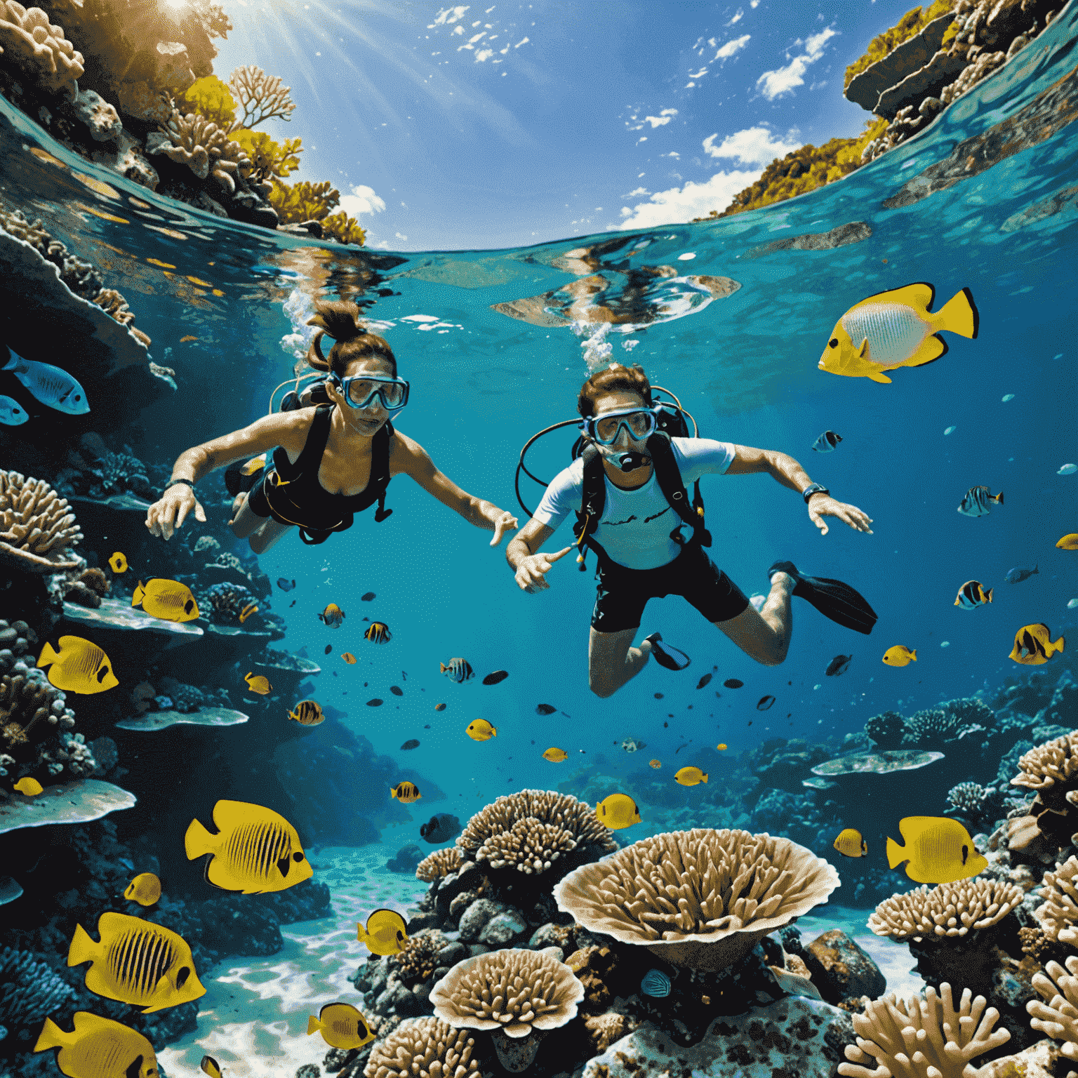 A family snorkeling in crystal clear waters, surrounded by colorful tropical fish and coral reefs