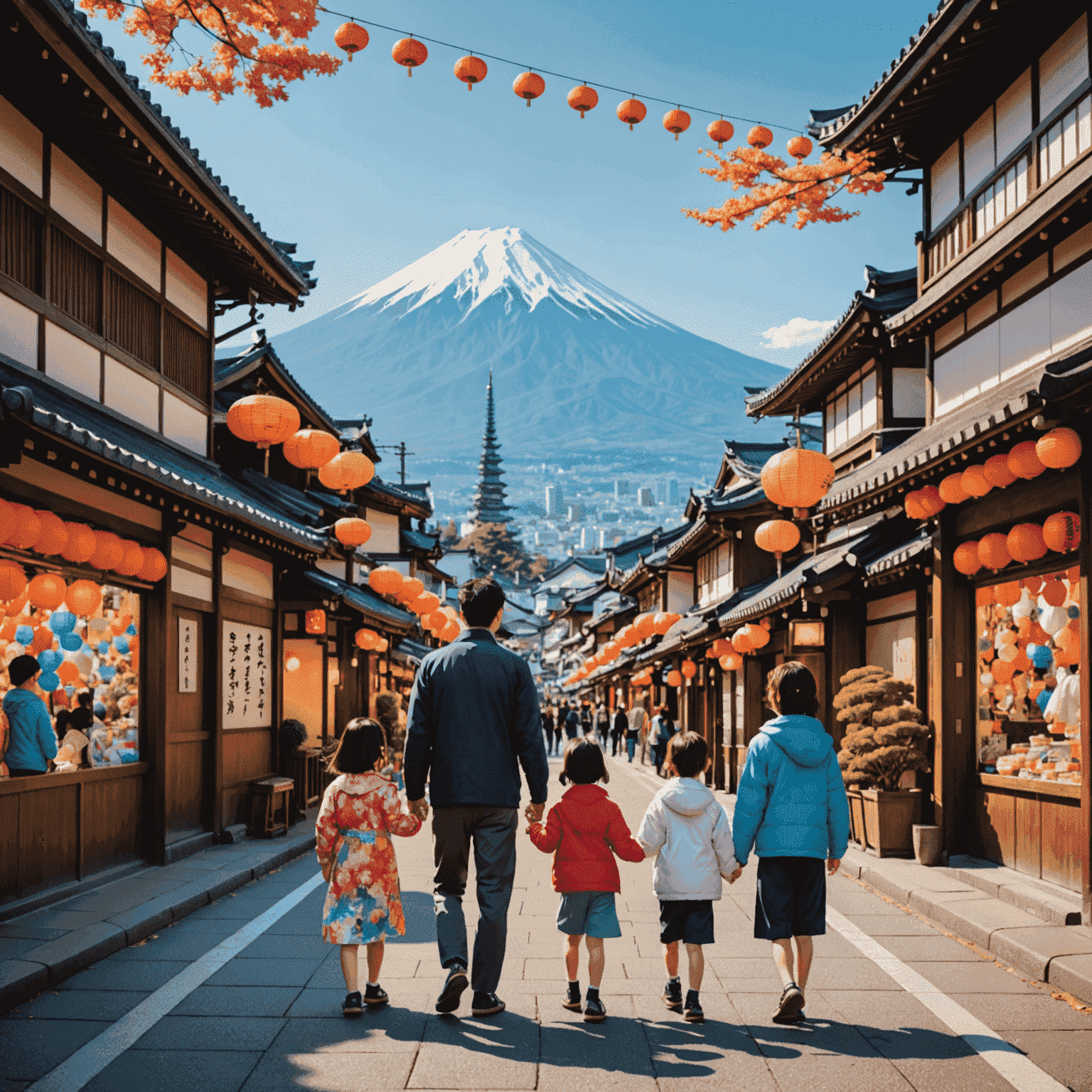 A family exploring a vibrant Japanese city, with children in awe of colorful street decorations and traditional architecture. Mount Fuji visible in the distance.