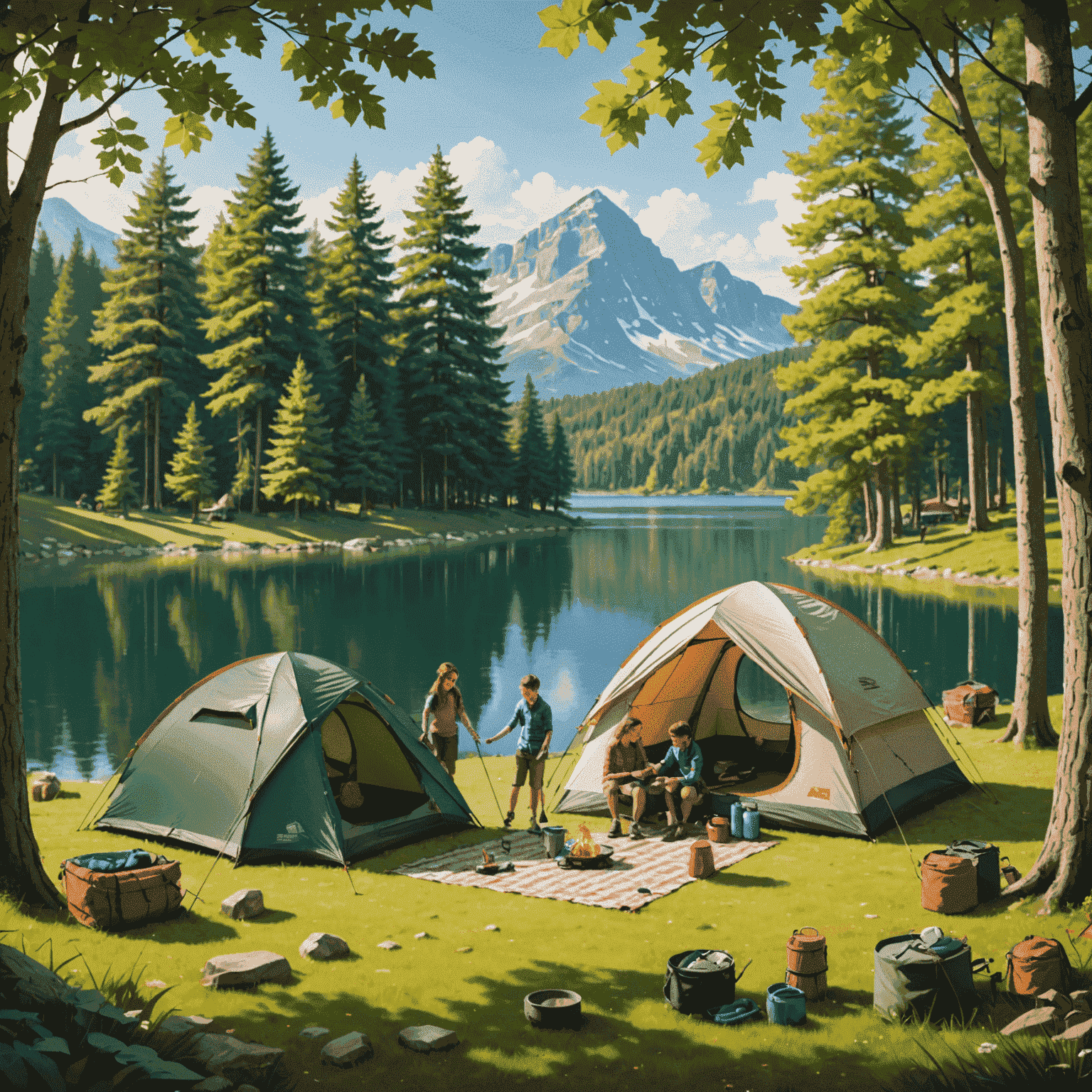 A family setting up a tent in a beautiful campsite surrounded by trees and a lake