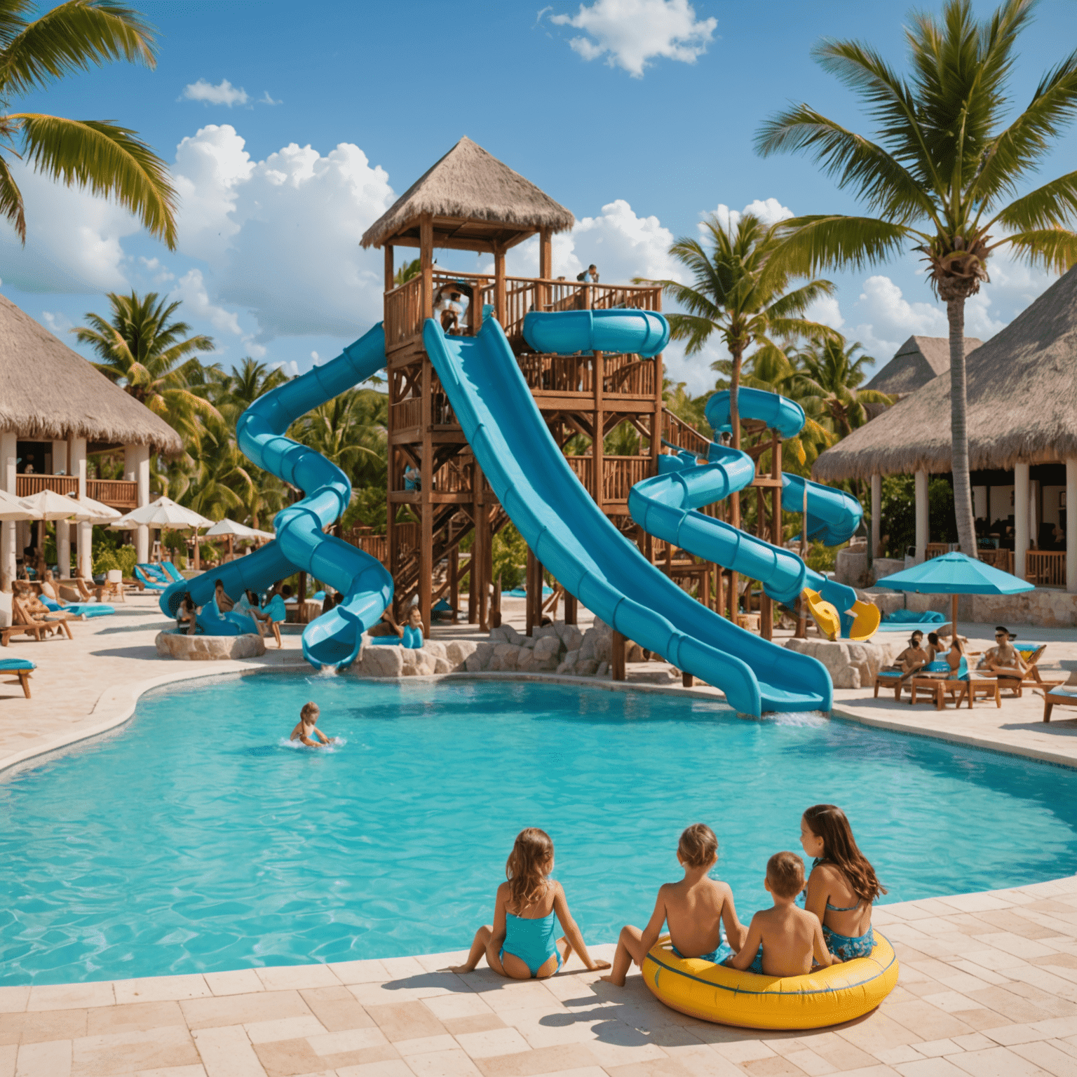 A family-friendly resort in Cancun with a large pool area, water slides, and the turquoise Caribbean Sea in the background. Children are playing in shallow water while parents relax on lounge chairs.