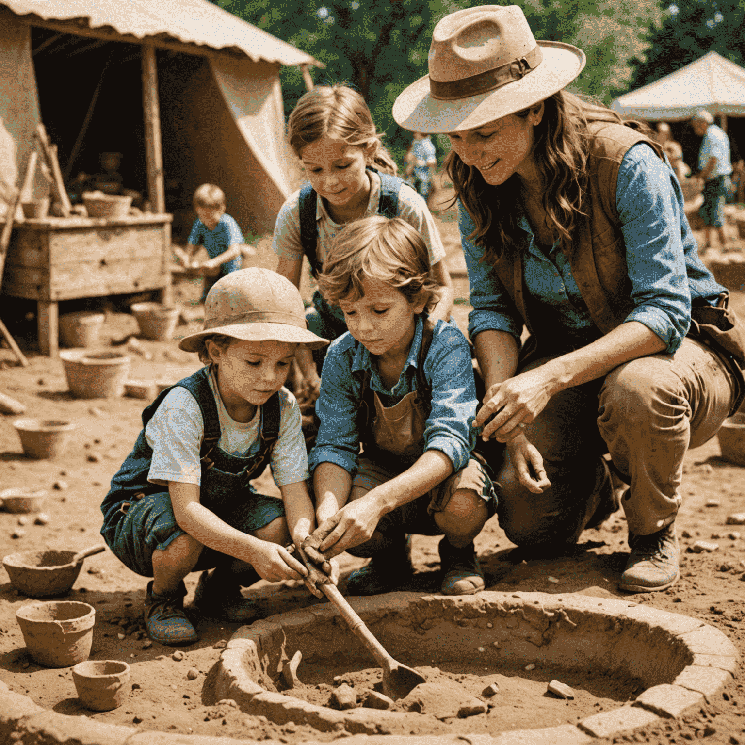 A family participating in a hands-on archaeological dig, uncovering ancient artifacts with excitement