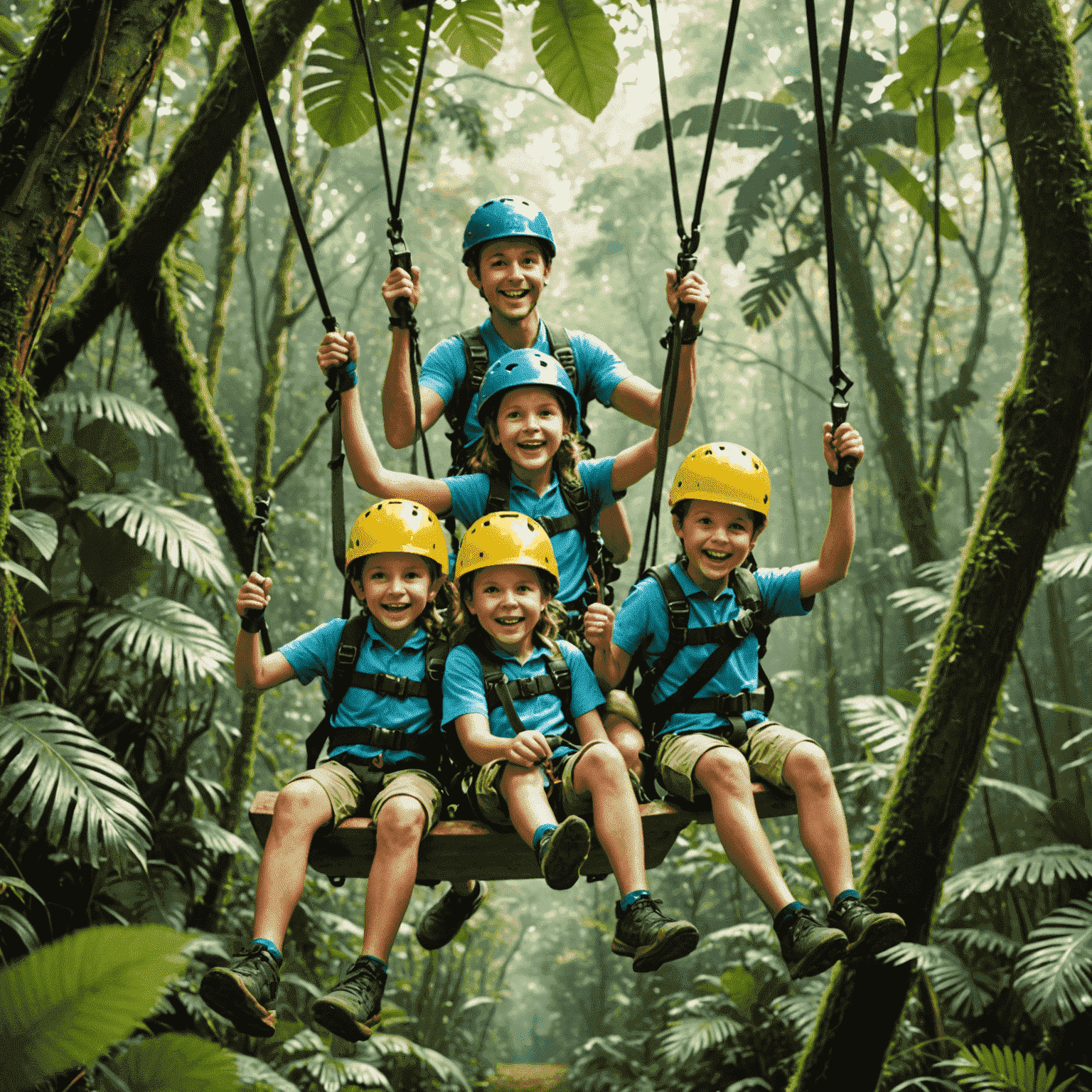 A family zip-lining through a lush rainforest canopy, with excited expressions on their faces