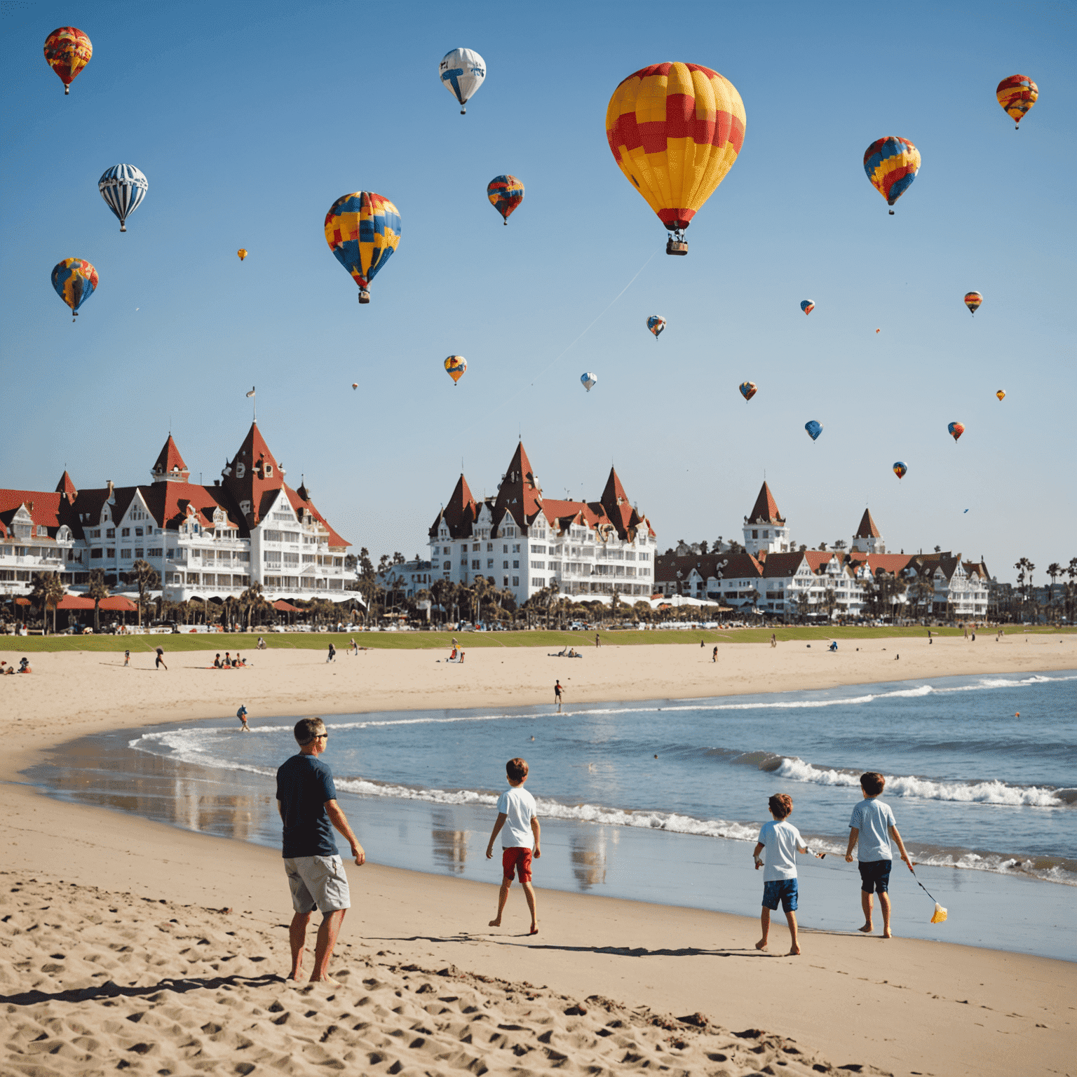 Coronado Beach in San Diego with its iconic Hotel del Coronado in the background. Families are seen flying kites, playing beach volleyball, and enjoying the calm waters.