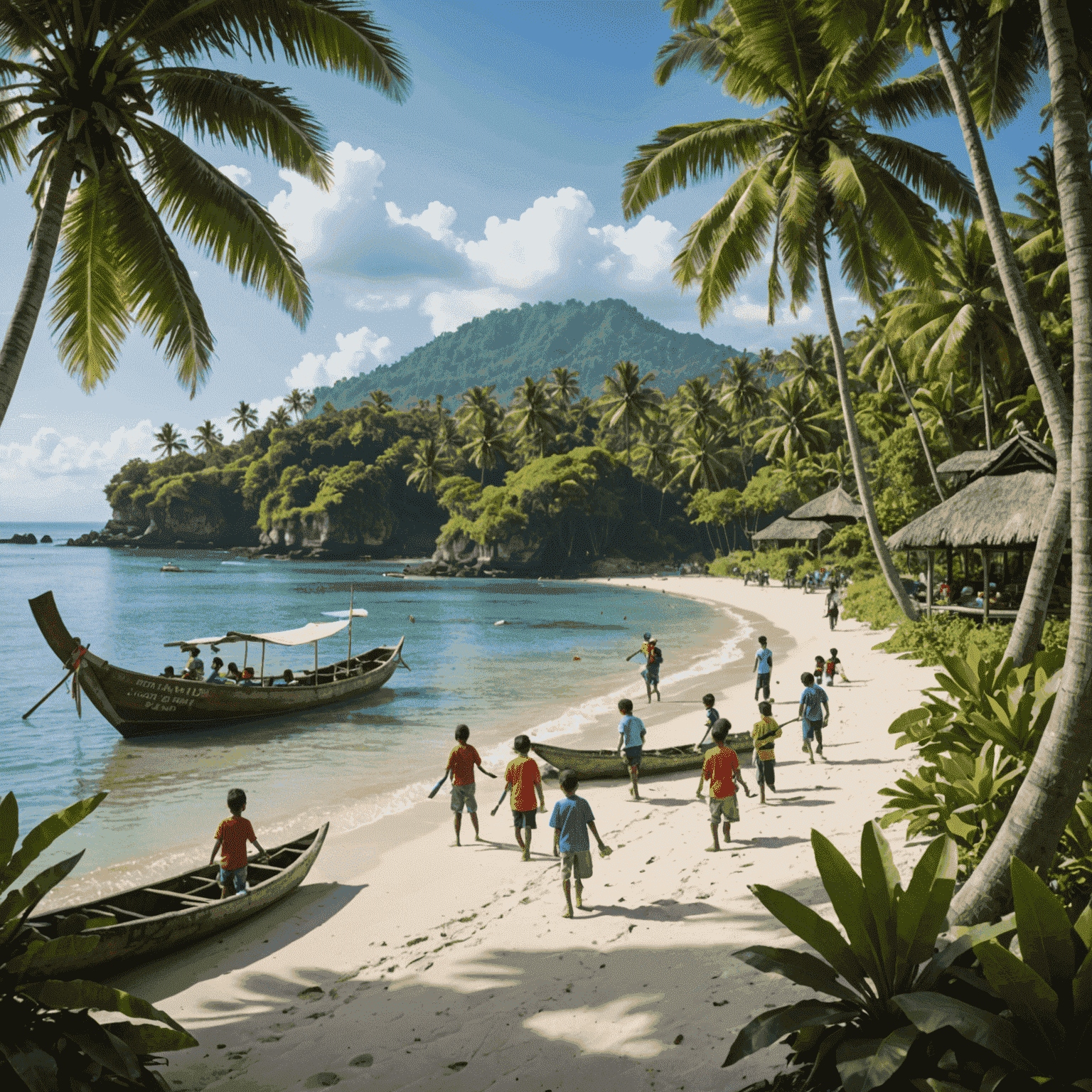 A serene beach in Bali with traditional outrigger boats, lush tropical vegetation, and families participating in a beach clean-up activity. Children are learning about marine conservation from local guides.